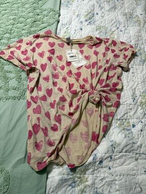 Magnolia Pearl Cream Tee with Pink Heart Print and Front Knot